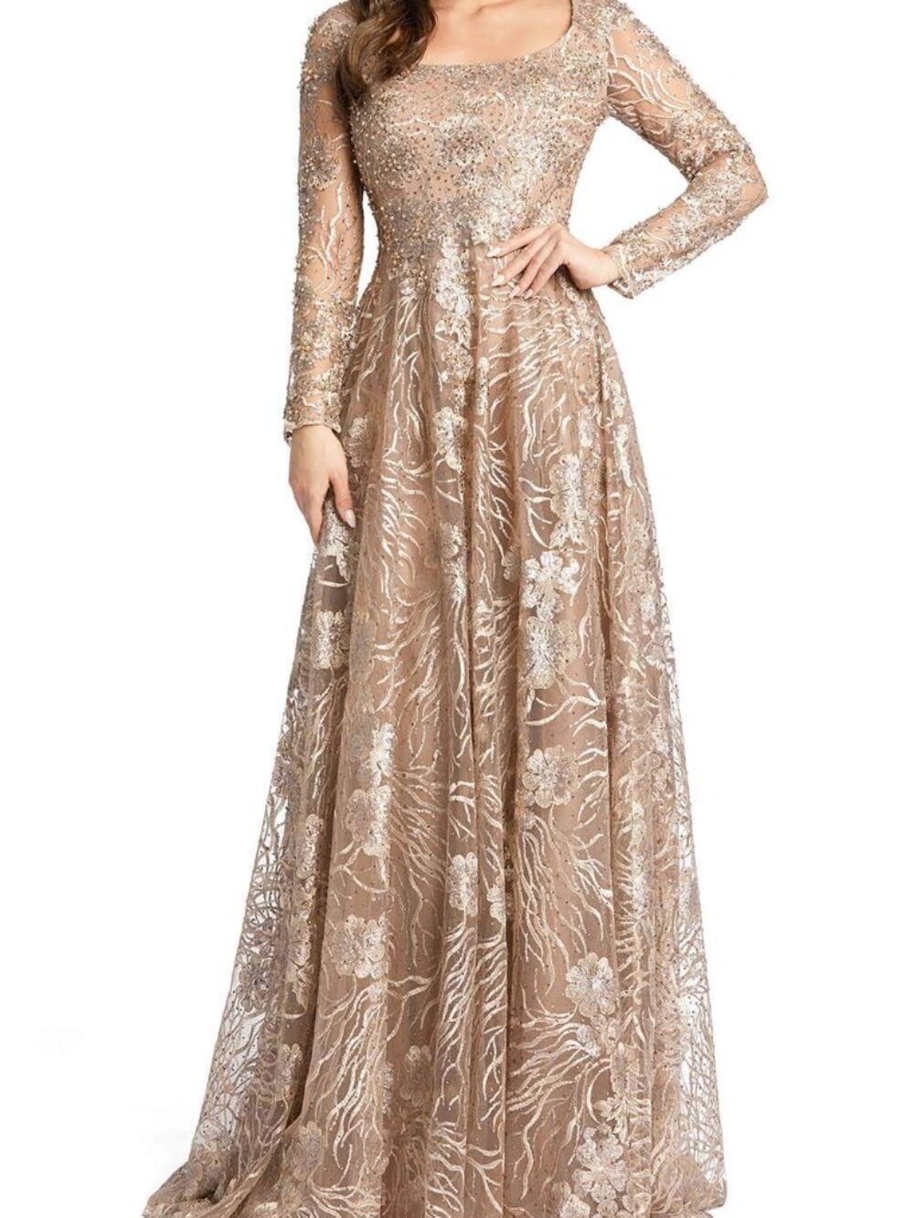 Mac Duggal Vintage Gold Taupe Long Sleeve Encrusted Embroidered Gown